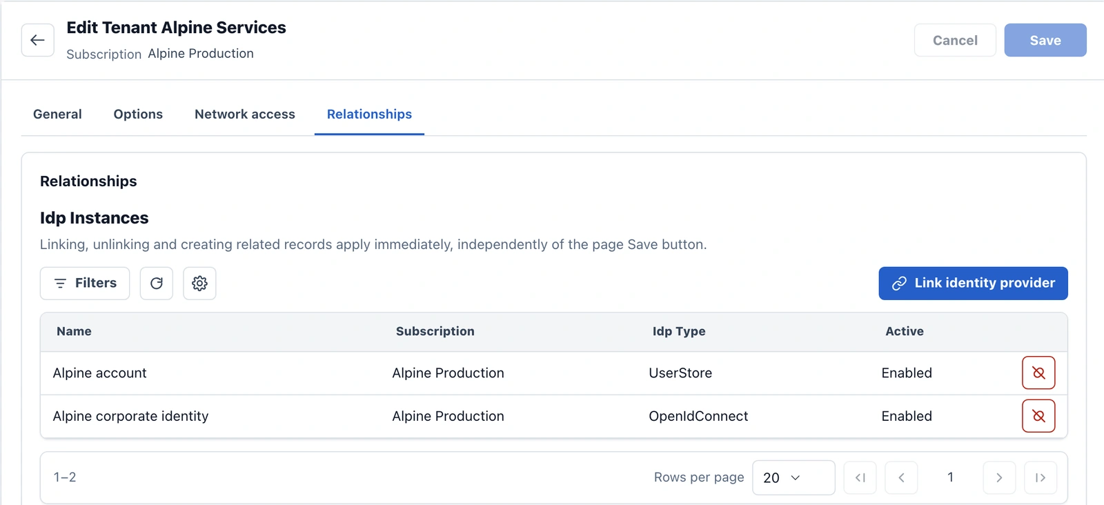 ProAuth Admin: Alpine Services tenant with local accounts and an OpenID Connect identity provider.